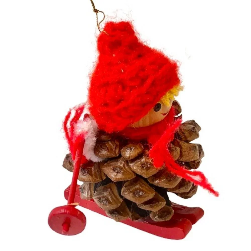 Vintage Christmas Ornaments Handmade Pine-Cone Skier + Yarn Log Carrier Lot 2